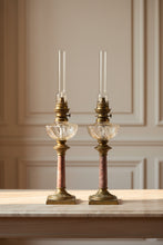 Load image into Gallery viewer, Antique French Brass And Marble Oil Lamp Pair With Glass Fonts
