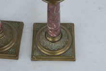 Load image into Gallery viewer, Antique French Brass And Marble Oil Lamp Pair With Glass Fonts
