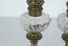 Load image into Gallery viewer, Antique French Brass And Marble Oil Lamp Pair With Glass Fonts
