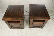 Load image into Gallery viewer, Pair of Rustic Wood End Tables / Nightstands with USB Charging and Cabinet Storage
