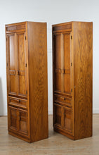 Load image into Gallery viewer, Pair of Vintage Oak Storage Cabinets with Pull Out Table and Drawer Storage
