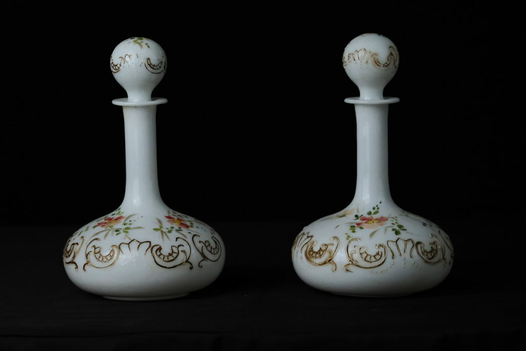 Pair of Painted Milk Glass Decanters / Cologne