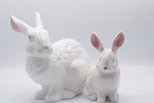 Load image into Gallery viewer, White Ceramic Rabbit Figurines Pair Large and Small Pink Accents Easter Decor
