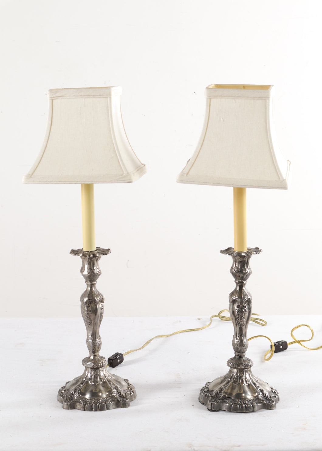 Pair of Sterling Silver Candlestick Lamps