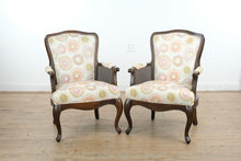 Load image into Gallery viewer, Pair Traditional Upholstered Armchairs with Cane Sides and Cabriole Legs
