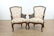 Load image into Gallery viewer, Pair Traditional Upholstered Armchairs with Cane Sides and Cabriole Legs
