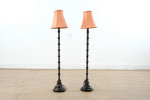 Load image into Gallery viewer, Pair Tall Black Turned Table Lamps Traditional Style with Peach Fabric Shades
