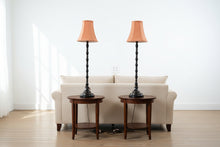 Load image into Gallery viewer, Pair Tall Black Turned Table Lamps Traditional Style with Peach Fabric Shades
