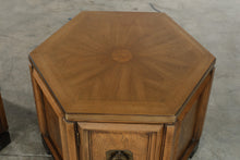 Load image into Gallery viewer, Pair of Thomasville Mystique Hexagonal Burl Wood Storage End Tables

