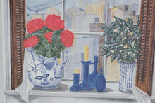 Load image into Gallery viewer, Pair of Vintage Signed Still Life Drawings “Rosalinde Berlet” – Window Floral City Scene Art Set 23.5x35
