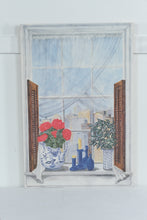 Load image into Gallery viewer, Pair of Vintage Signed Still Life Drawings “Rosalinde Berlet” – Window Floral City Scene Art Set 23.5x35
