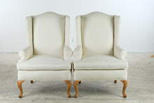 Load image into Gallery viewer, Pair of Traditional Wingback Lounge Chairs in Ivory Upholstery with Queen Anne Legs
