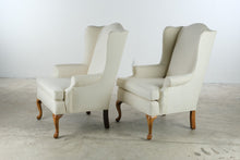 Load image into Gallery viewer, Pair of Traditional Wingback Lounge Chairs in Ivory Upholstery with Queen Anne Legs
