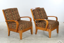 Load image into Gallery viewer, Pair of Contemporary Lounge Chairs with Ottoman Curved Wood Arms Geometric Upholstery
