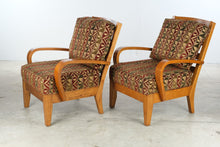 Load image into Gallery viewer, Pair of Contemporary Lounge Chairs with Ottoman Curved Wood Arms Geometric Upholstery
