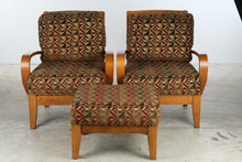 Load image into Gallery viewer, Pair of Contemporary Lounge Chairs with Ottoman Curved Wood Arms Geometric Upholstery
