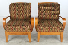 Load image into Gallery viewer, Pair of Contemporary Lounge Chairs with Ottoman Curved Wood Arms Geometric Upholstery
