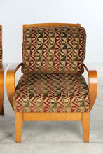Load image into Gallery viewer, Pair of Contemporary Lounge Chairs with Ottoman Curved Wood Arms Geometric Upholstery
