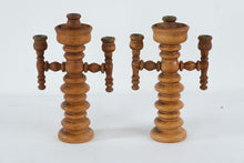 Load image into Gallery viewer, Pair Turned Wood Candelabra Candle Holders 3 Arm Rustic 12 Inch
