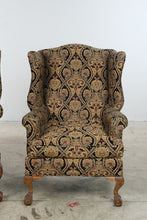 Load image into Gallery viewer, Pair of Traditional Wingback Chairs with Damask Upholstery and Claw Feet
