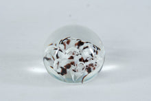 Load image into Gallery viewer, Art Glass Paperweight Clear Glass Controlled Bubble and Brown White Ribbon Design
