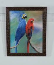 Load image into Gallery viewer, Original Oil Painting of Macaw Parrots by H. Meares | Framed Contemporary Bird Art | Signed Canvas | 16.5” x 20.5”
