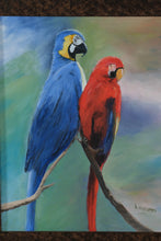 Load image into Gallery viewer, Original Oil Painting of Macaw Parrots by H. Meares | Framed Contemporary Bird Art | Signed Canvas | 16.5” x 20.5”
