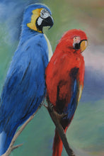 Load image into Gallery viewer, Original Oil Painting of Macaw Parrots by H. Meares | Framed Contemporary Bird Art | Signed Canvas | 16.5” x 20.5”
