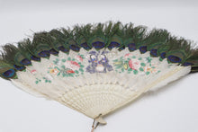 Load image into Gallery viewer, Antique Chinese Feather Hand Fan Peacock Feathers Painted Floral Figural 20 Inch
