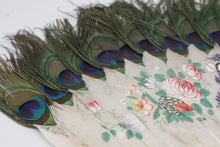 Load image into Gallery viewer, Antique Chinese Feather Hand Fan Peacock Feathers Painted Floral Figural 20 Inch
