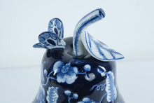 Load image into Gallery viewer, Bombay Blue &amp; White Porcelain Pear Jar with Butterfly Lid – 14" Tall • Decorative Lidded Container
