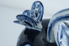 Load image into Gallery viewer, Bombay Blue &amp; White Porcelain Pear Jar with Butterfly Lid – 14" Tall • Decorative Lidded Container
