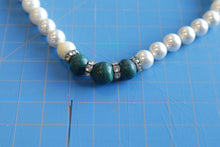 Load image into Gallery viewer, White Imitation Pearl Necklace Green Beads Rhinestone Silver Tone Clasp

