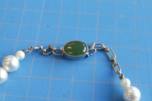 Load image into Gallery viewer, White Imitation Pearl Necklace Green Beads Rhinestone Silver Tone Clasp
