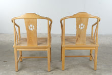 Load image into Gallery viewer, Pair of Chinese Chippendale Style Elm Horseshoe Arm Dining Chairs with Cane Seats
