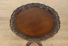 Load image into Gallery viewer, The Acanthus Crest Pie Crust Table – Triple Pedestal Mahogany Accent
