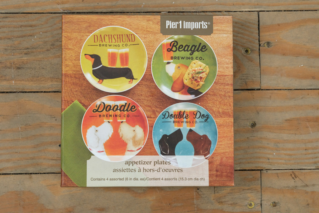 Pier 1 Imports “Dog Brewing Co.” Appetizer Plate Set – 4 Assorted Dog Designs (6” Diameter)