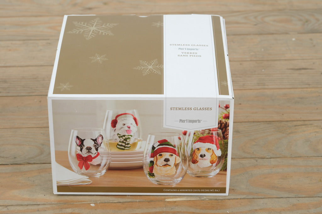 Pier 1 Imports Holiday Dog Stemless Wine Glass Set – 4 Assorted Designs (19 oz Each)