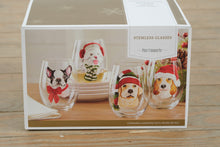 Load image into Gallery viewer, Pier 1 Imports Holiday Dog Stemless Wine Glass Set – 4 Assorted Designs (19 oz Each)
