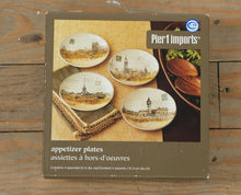 Load image into Gallery viewer, Pier 1 Imports “World Landmarks Postcard” Appetizer Plate Set – 4 Assorted City Designs (6” Diameter)
