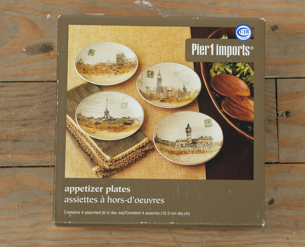 Pier 1 Imports “World Landmarks Postcard” Appetizer Plate Set – 4 Assorted City Designs (6” Diameter)