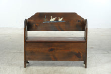 Load image into Gallery viewer, Vintage Rustic Pine Storage Bench with Hand-Painted Ducks and Heart Cutouts
