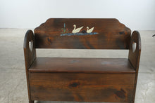 Load image into Gallery viewer, Vintage Rustic Pine Storage Bench with Hand-Painted Ducks and Heart Cutouts
