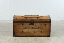 Load image into Gallery viewer, Antique Flat Top Steamer Trunk Wood Metal Banded Travel Chest Coffee Table 33 Inch
