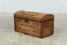 Load image into Gallery viewer, Antique Flat Top Steamer Trunk Wood Metal Banded Travel Chest Coffee Table 33 Inch
