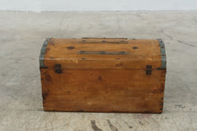 Load image into Gallery viewer, Antique Flat Top Steamer Trunk Wood Metal Banded Travel Chest Coffee Table 33 Inch
