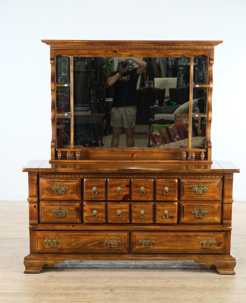 Bennington Pine 12-Drawer Dresser & Mirror – Rustic Solid Wood w/ Brass Hardware