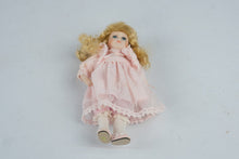 Load image into Gallery viewer, Porcelain Doll 9 Inch Blonde Curly Hair Blue Eyes Pink Lace Dress Collectible
