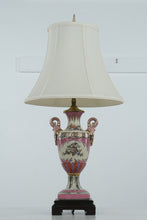Load image into Gallery viewer, Vintage Hand-Painted Porcelain Urn Table Lamp with Pink Floral Motifs &amp; Wood Base – 25” Tall
