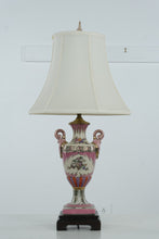 Load image into Gallery viewer, Vintage Hand-Painted Porcelain Urn Table Lamp with Pink Floral Motifs &amp; Wood Base – 25” Tall
